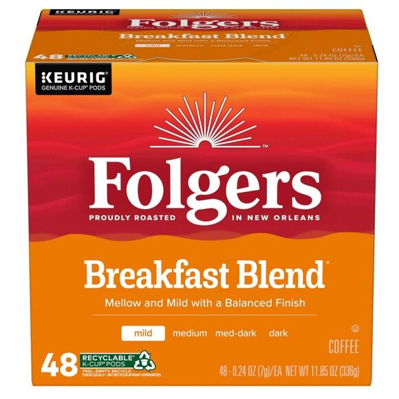 Folgers Breakfast Blend, Mild Roast Coffee, Keurig K Cup Pods, 48 Count Box